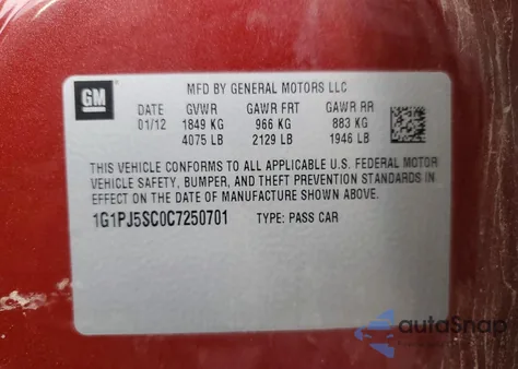 2012 Chevrolet Cruze Eco from USA, damaged, VIN 1G1PJ5SC0C7250701